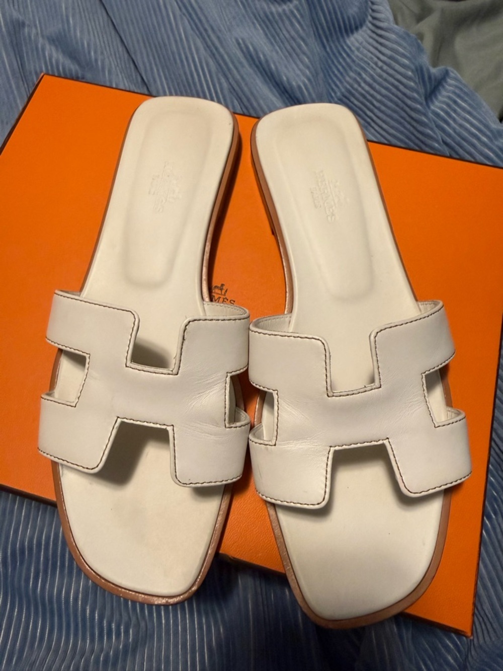 HERMES White Oran Slide Sandals